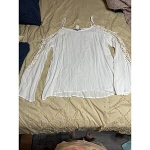 Solemio White Crochet Lace Cold Shoulder Blouse Spaghetti Strap Top Large